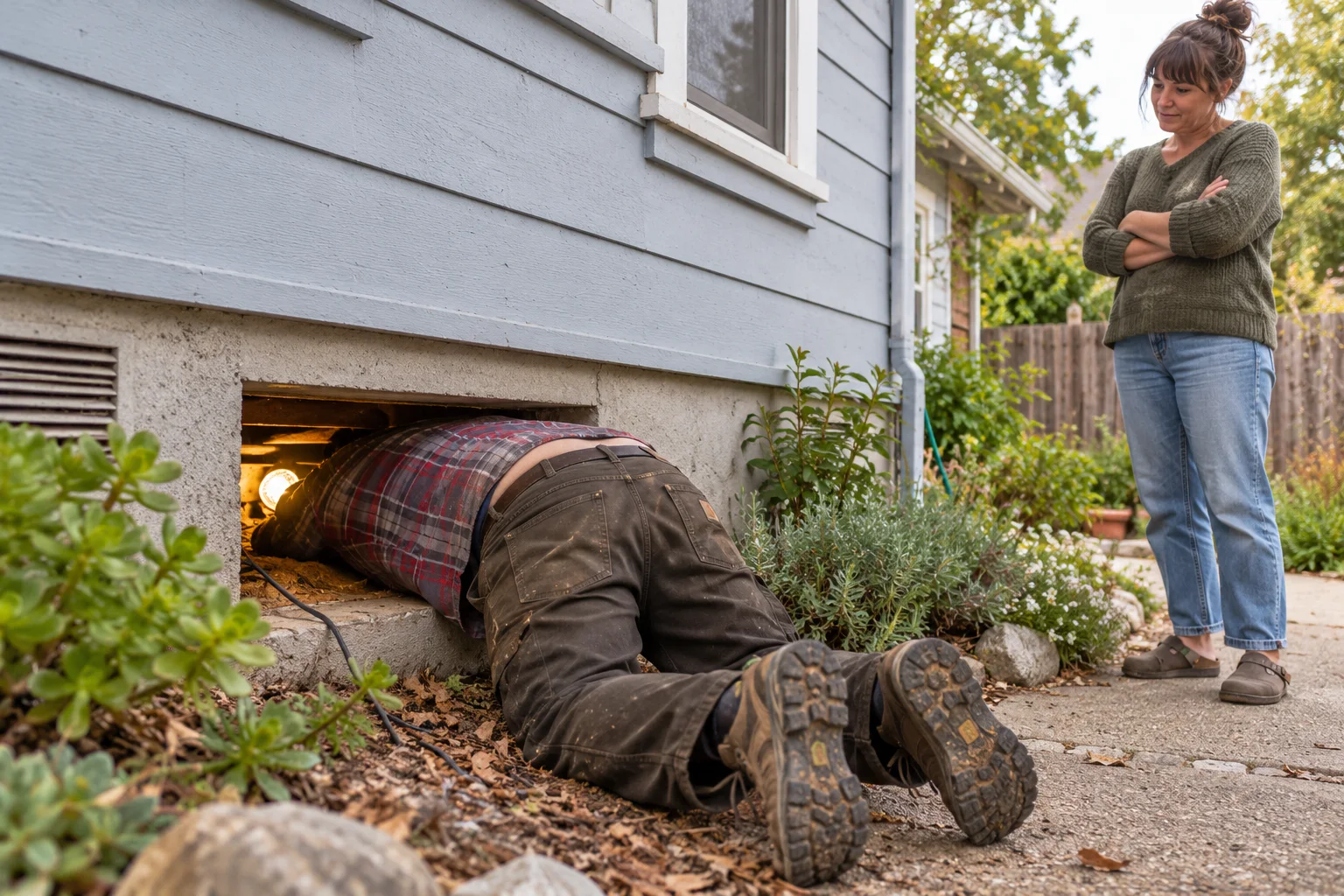 Evan crawling into a house crawlspace while a concerned homeowner watches.
