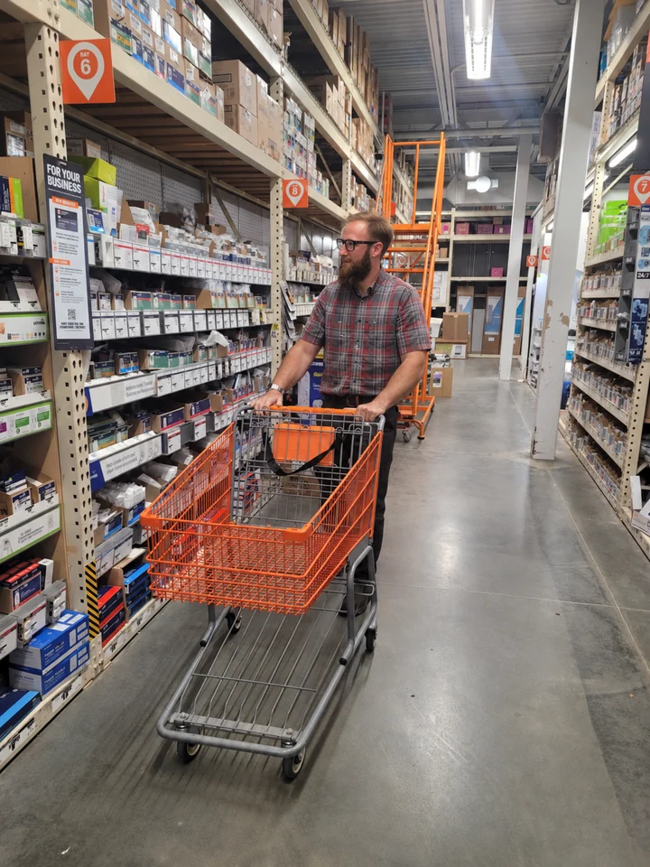 Evan pushing a shopping cart through a hardware-store aisle.