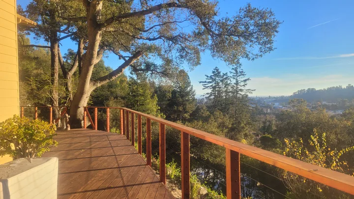 Finished cable railing following a wooded hillside deck.