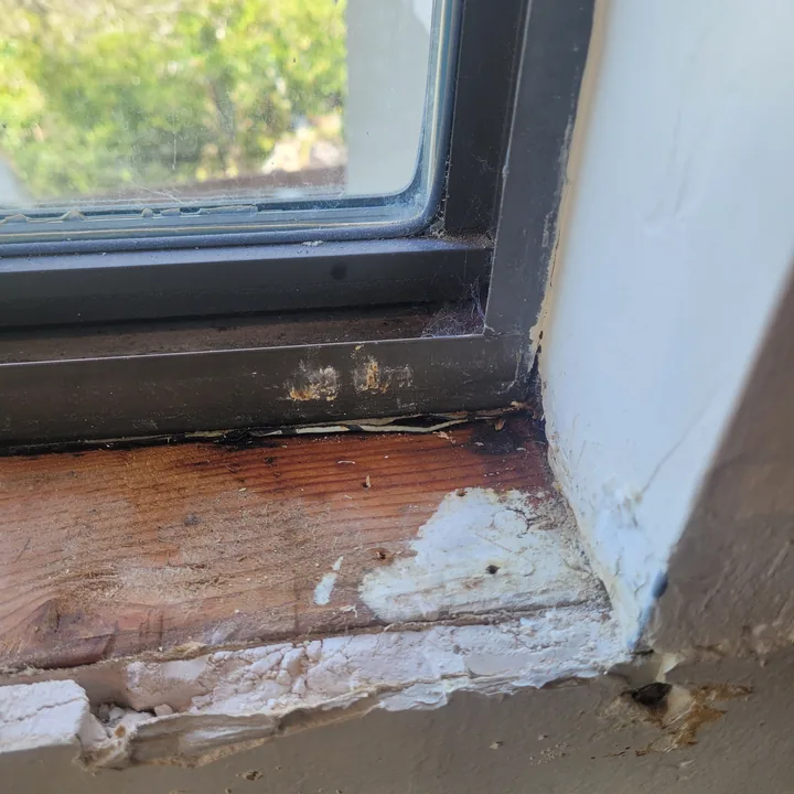 Damaged existing wood sill at the kitchen window corner, with uneven material and chipped surrounding finish.
